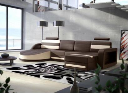Living landscape COUCH Suite DESIGN Corner sofa Brown-Beige LEATHER SOFA XXL Corner sofa