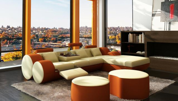 Designer Leather Corner sofa Living landscape Leather couch+ USB Suite Corner sofa Madrid