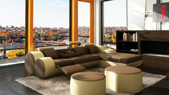 Designer Leather Corner sofa Living landscape Leather couch+ USB Suite Corner sofa Madrid