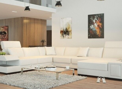 Snow-white designer corner sofa in U-shape for luxurious living ambience