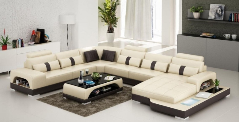 Leather U-shape Living landscape Couch Big XXL Sofa LED USB Upholstery Corner Suite Corner