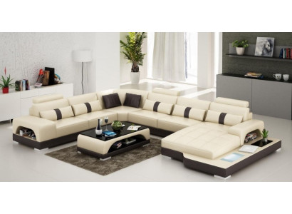 Leather U-shape Living landscape Couch Big XXL Sofa LED USB Upholstery Corner Suite Corner