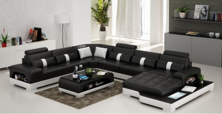 Leather U-shape Living landscape Couch Big XXL Sofa LED USB Upholstery Corner Suite Corner