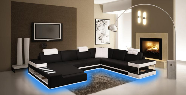 XXL Living landscape U-shape leather sofa Upholstery Corner sofa Sofa Couch Leather Textile USB