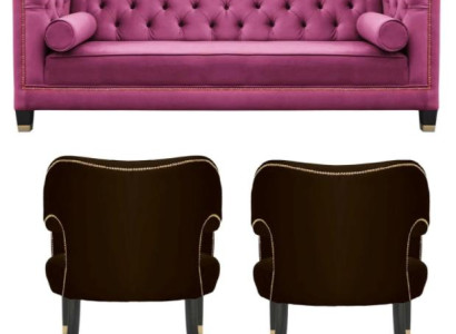 Pink Chesterfield 2 Armchairs Black Textile Modern Design Luxury Furniture Sofa Set new