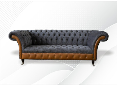 Chesterfield Sofa Couch Upholstery 3 Seater Gray Textile Fabric Gray Couches