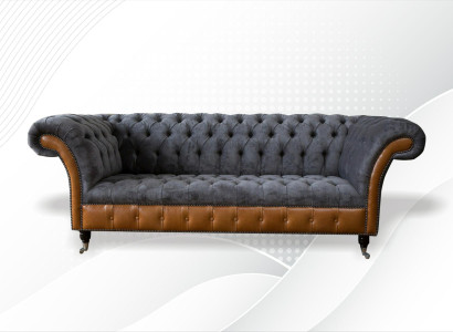 Chesterfield Sofa Couch Upholstery 3 Seater Gray Textile Fabric Gray Couches