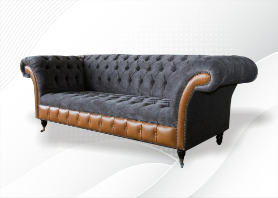Chesterfield Sofa Couch Upholstery 3 Seater Gray Textile Fabric Gray Couches