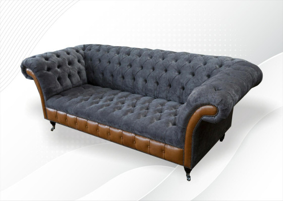 Chesterfield Sofa Couch Upholstery 3 Seater Gray Textile Fabric Gray Couches