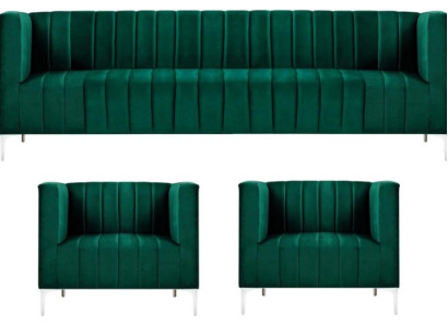 Sofa set Three Seater Fabric Living room Velvet Design Green Sofa 2 Armchair Group