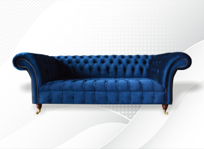 Chesterfield 3 Seater Blue Design Couches Upholstery Sofas Velvet fabric Textile Luxury