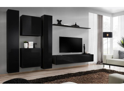 Black Wall unit TV stand Luxury Living room Furniture Complete e Set 6 pieces Modern