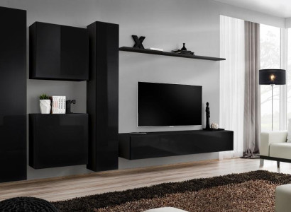 Black Wall unit TV stand Luxury Living room Furniture Complete e Set 6 pieces Modern