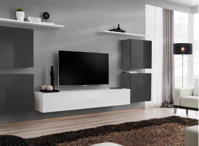 Living room White Wall unit Set Wall shelf TV lowboard wooden furniture 2x Display case Wall unit