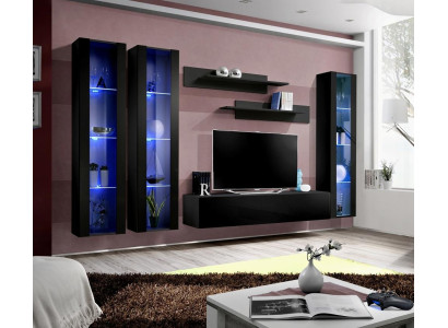 Black Wall unit hanging display case set 6 pcs Living room Suite Modern wooden furniture