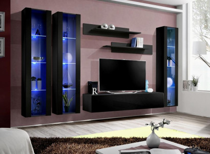 Black Wall unit hanging display case set 6 pcs Living room Suite Modern wooden furniture