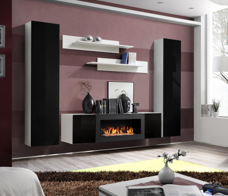 Wall unit TV lowboard with fireplace Living room Designer wall shelves Wall cabinet Wood
