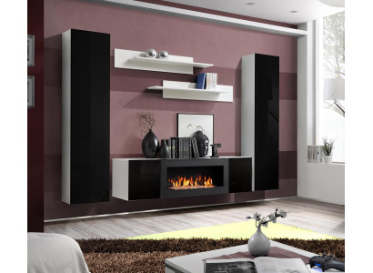 Wall unit TV lowboard with fireplace Living room Designer wall shelves Wall cabinet Wood