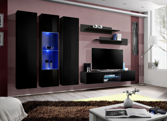 Black Wall unit Living room Luxury Set Hanging Display case TV Stand Wall shelf Furniture