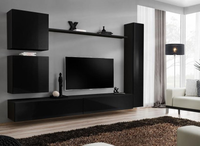 Luxury Black Wall unit Designer wall cabinet set 6 pieces wooden furniture Living room furniture