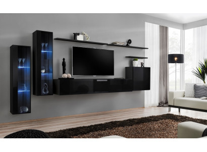 Black Wall unit Suite Living room Wall shelf Luxury Display case Complete Set