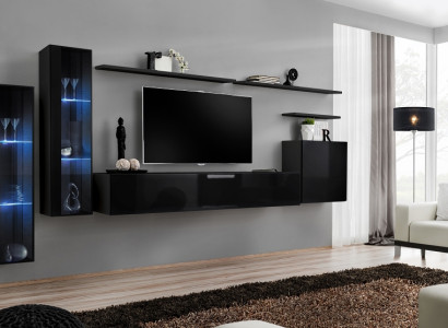 Black Wall unit Suite Living room Wall shelf Luxury Display case Complete Set