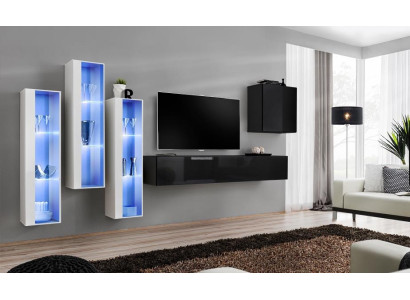 Black TV stand wall unit set 5-piece wall cabinet wooden furniture designer new