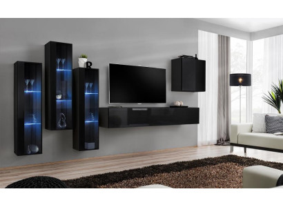 Black Wall unit Living room Set Display case Wardrobe Wall shelf 5pcs. Furnishings