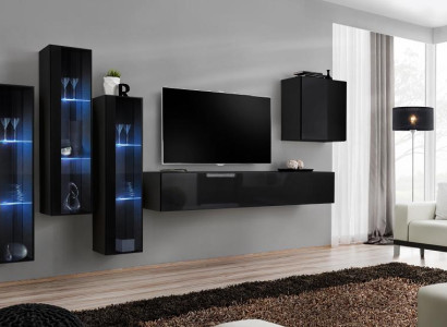 Black Wall unit Living room Set Display case Wardrobe Wall shelf 5pcs. Furnishings