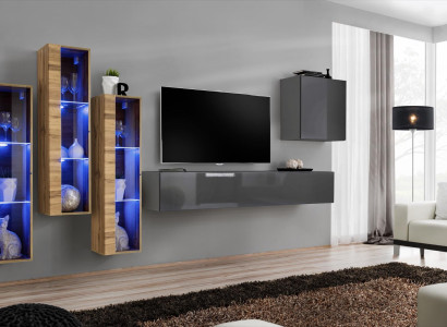 Luxury wall unit gray high gloss TV stand designer sideboard living room set