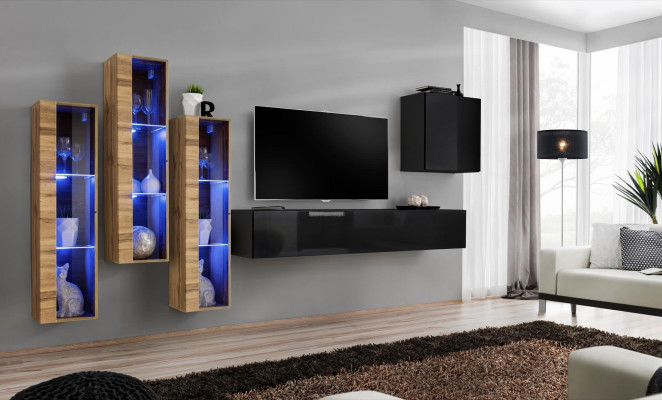 Wall unit Furniture Living room Luxury High Gloss TV Stand Black Wood Complete new