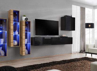Wall unit Furniture Living room Luxury High Gloss TV Stand Black Wood Complete new