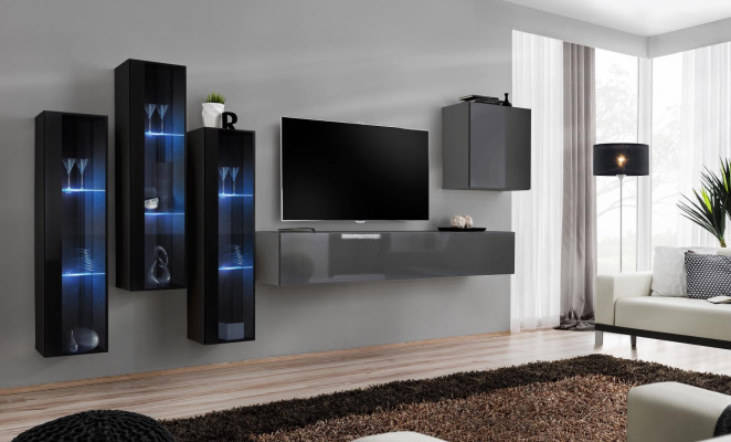 Designer Gray Wall unit TV Stand Complete High Gloss Sideboard Wall Wardrobe