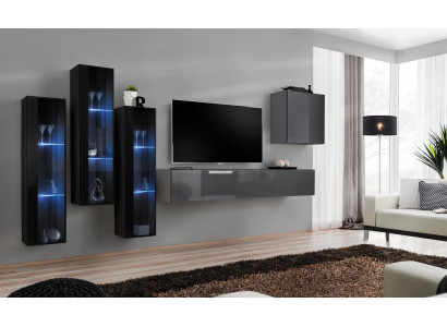 Designer Gray Wall unit TV Stand Complete High Gloss Sideboard Wall Wardrobe