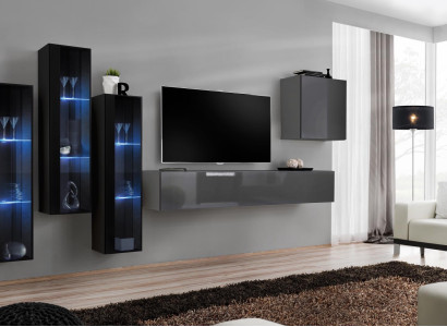 Designer Gray Wall unit TV Stand Complete High Gloss Sideboard Wall Wardrobe