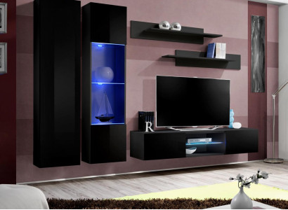 Black Complete Wall unit Living room Hanging Display case wall cabinet new