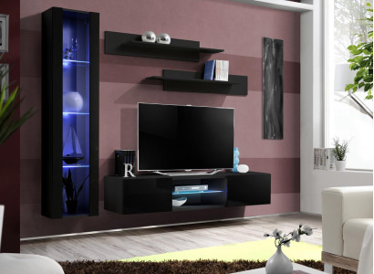 Black Wall unit luxury set 4 pieces. Living room TV cabinet hanging display case modern wall shelves