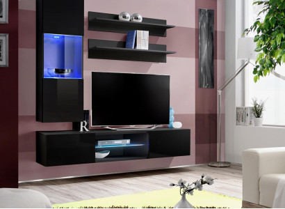 Luxury Hanging Display case Wall unit Set Living room furniture High Gloss Black Furnishings