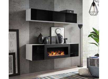 Wall unit Black Hanging Sideboard Wardrobe Chest of drawers 2-piece with fireplace high gloss