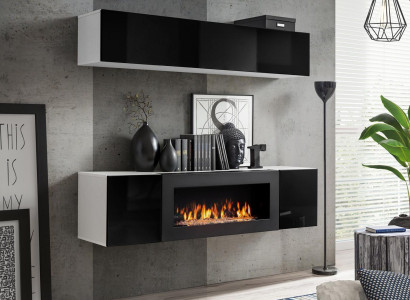 Wall unit Black Hanging Sideboard Wardrobe Chest of drawers 2-piece with fireplace high gloss