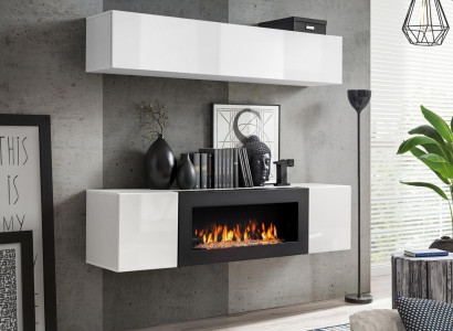 Wall unit hanging sideboard wardrobe 2 pieces with fireplace cabinets black high gloss