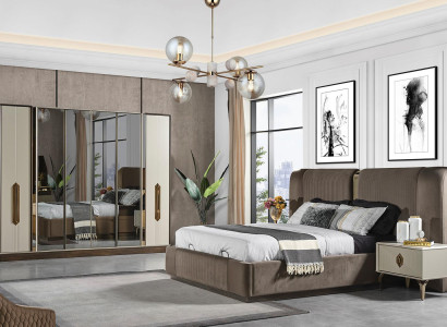 Luxury Brown Bedroom Set Upholstery Bed 2x Bedside tables Wardrobe