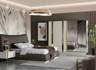 Brown bedroom set Designer Bed 2x Bedside tables Wardrobe