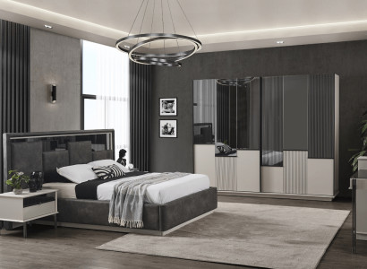 Black and white Bedroom Set Designer Bed 2x Bedside tables Wardrobe