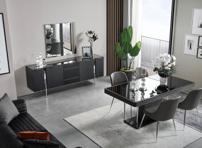 Black Dining room set Dining table 4x Chairs Sideboard Mirror 7-piece set
