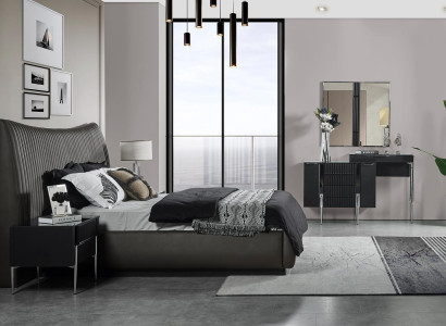 Black Bedroom Set Designer Bed 2x Bedside tables Dressing table 5 pieces