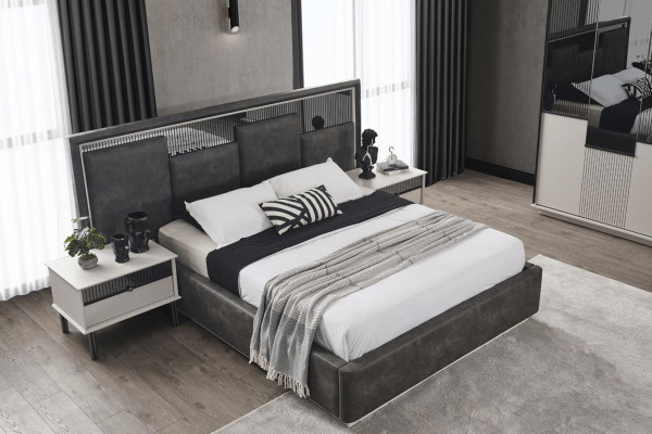 Gray Bedroom Bed 2x Bedside tables Dressing table Luxury Mirror 4pcs