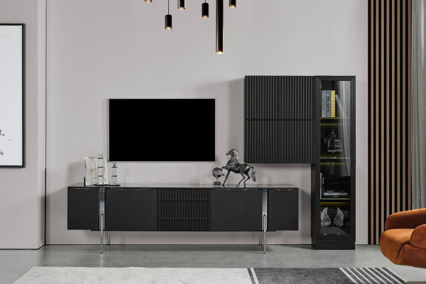 Black TV lowboard designer living room furniture luxury wall cabinet 3 pieces