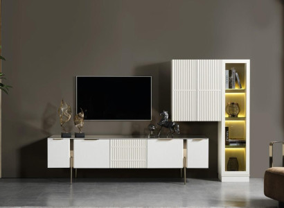 White TV lowboard designer wall cabinet stainless steel display case luxurious set