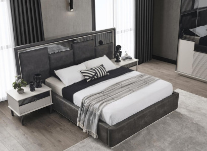 Bedroom Suite Black Double bed 2x Modern Wood Bedside tables